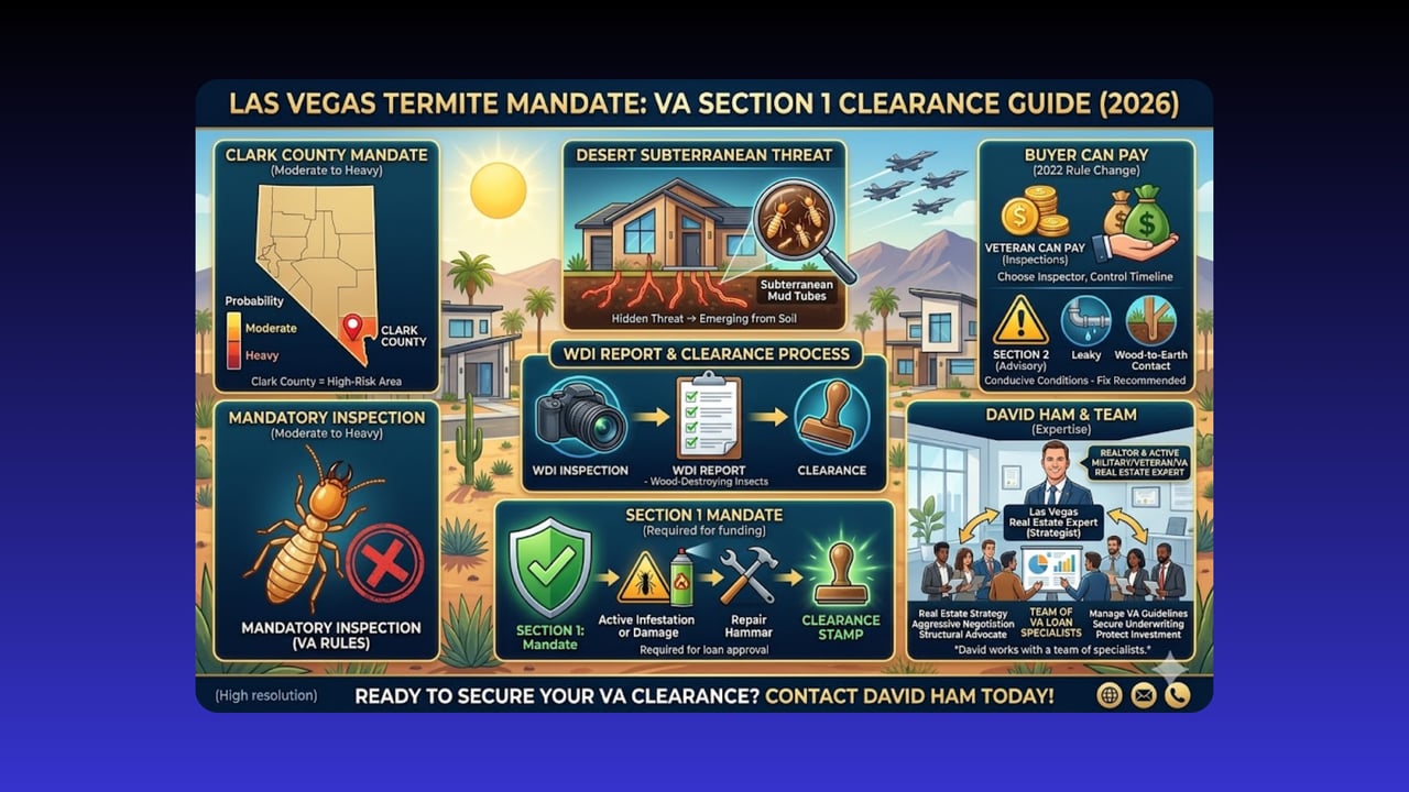 Infographic explaining Clark County termite inspections and Section 1 clearance requirements for VA loans.