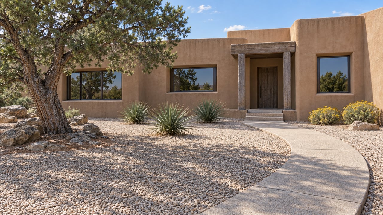 Earthen-finished single-story home beyond a spacious crushed-stone forecourt with a mature pinyon pine, blue-green yuccas and a curved concrete entry walk.
