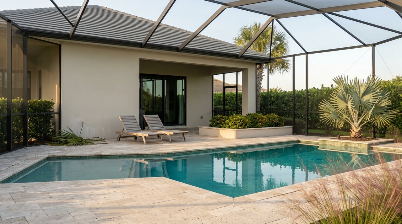 Turquoise pool beside a stucco home’s covered lanai, with teak chaises, palms, and a clipped hedge.