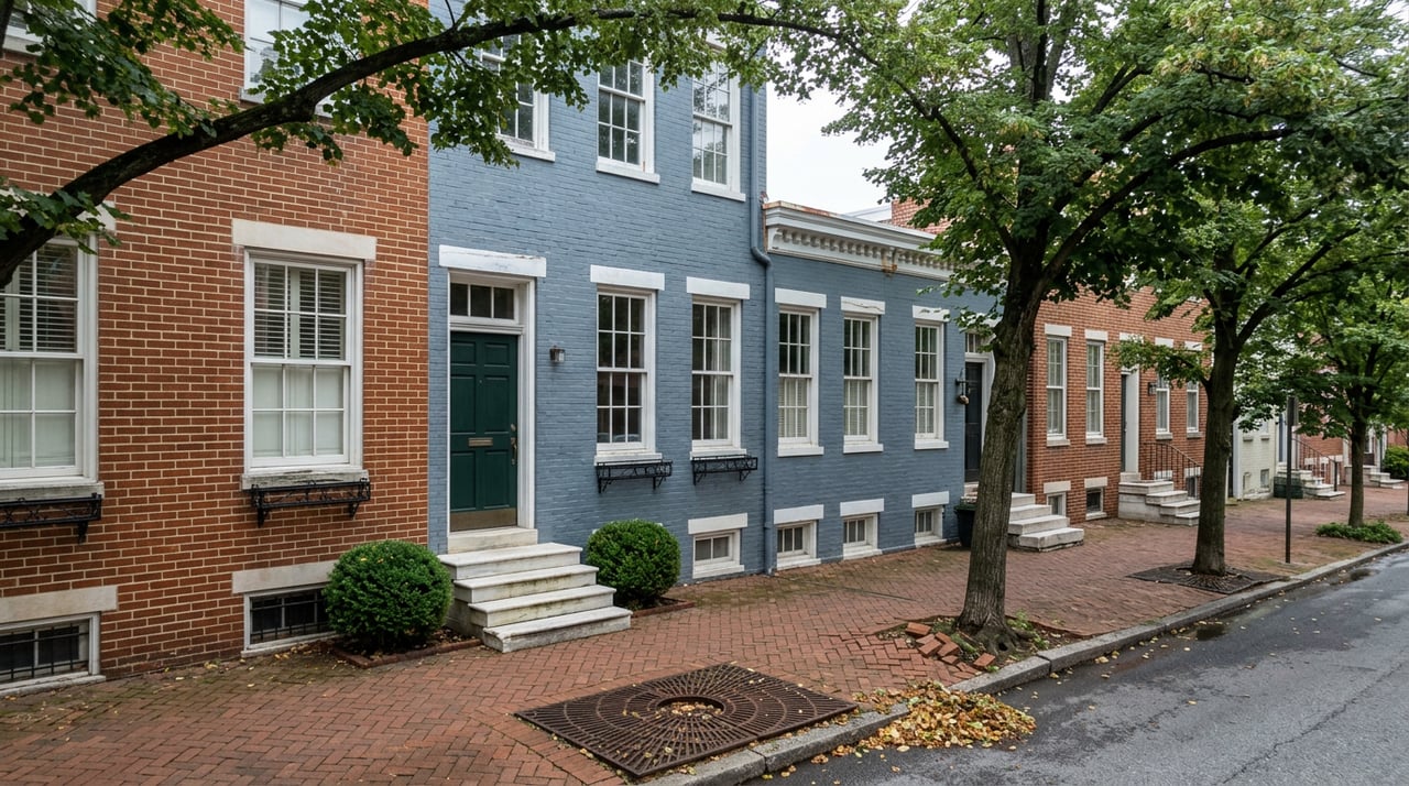 Attached brick rowhouses with marble stoops beneath an arching canopy of street trees.