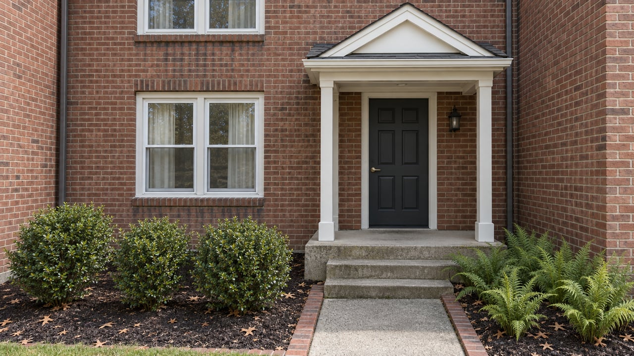 Traditional brick townhome entry with white trim, a charcoal door, concrete steps, and carefully maintained planting beds in soft autumn daylight.