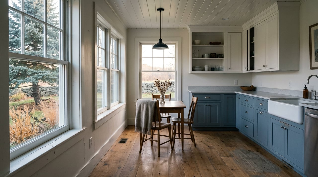Open-plan kitchen with slate-blue lower cabinets, a farmhouse sink, wood dining table, and a spruce visible through multi-pane windows.