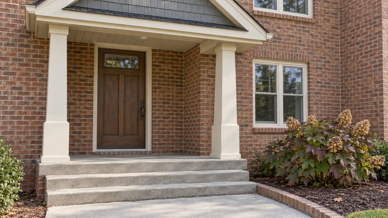 Warm brick home with a gabled covered entry, cream trim, broad concrete steps and an oakleaf hydrangea in autumn color.