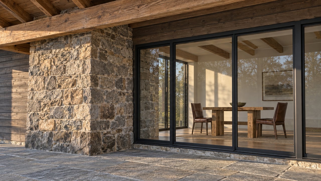 Morning light grazing a stone chimney and timber porch beside closed black-framed dining-room windows.