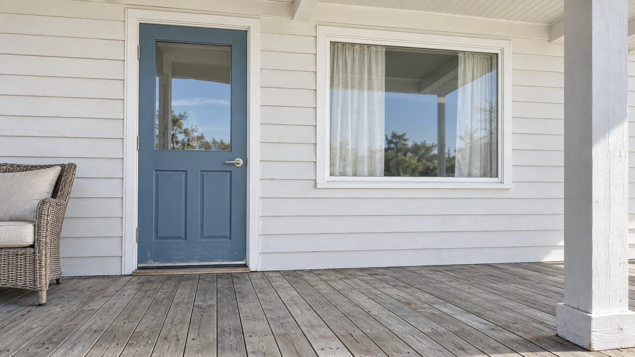 Sun-washed raised-house porch with pale lap siding, a muted-blue glazed door, white-trimmed window and weathered timber decking.