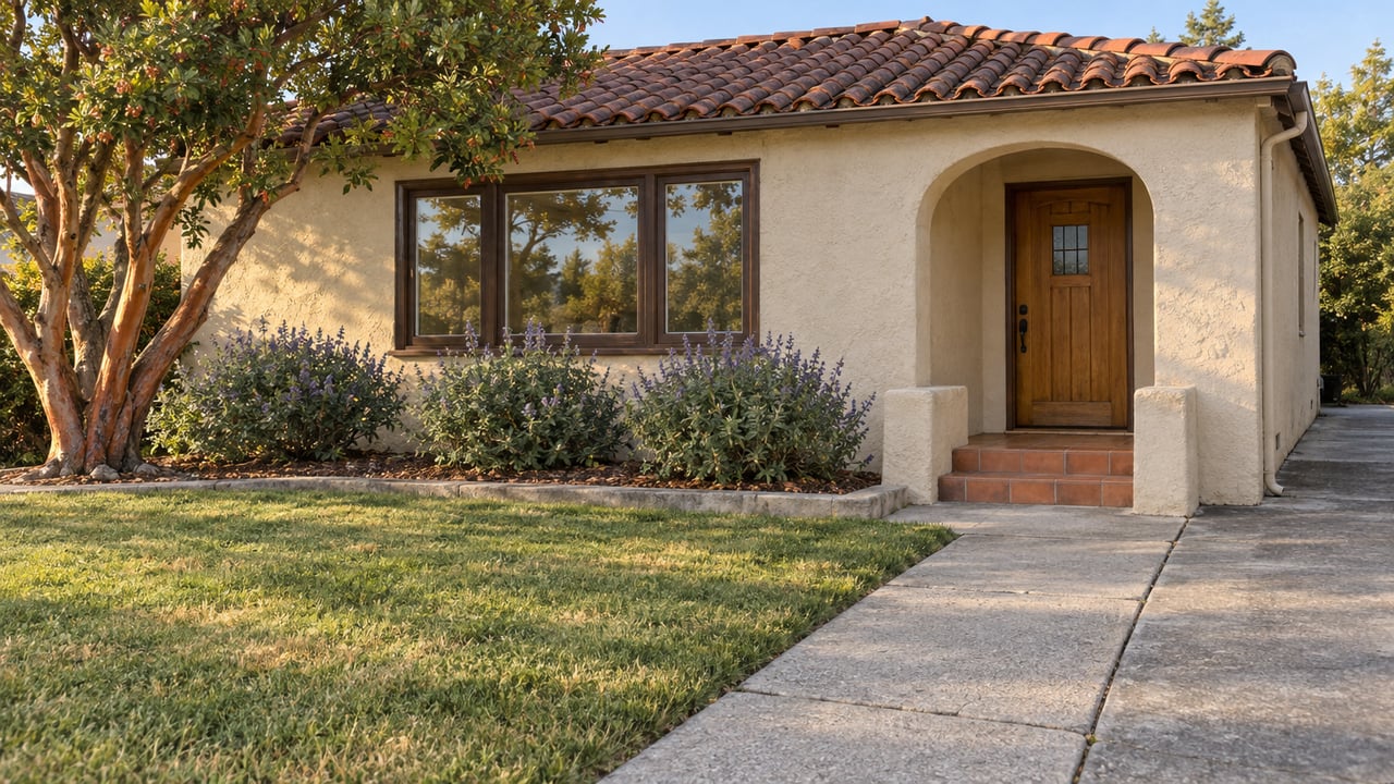 Warm afternoon light on a pale stucco home with a clay-tile roof, arched entry, and deep front lawn.