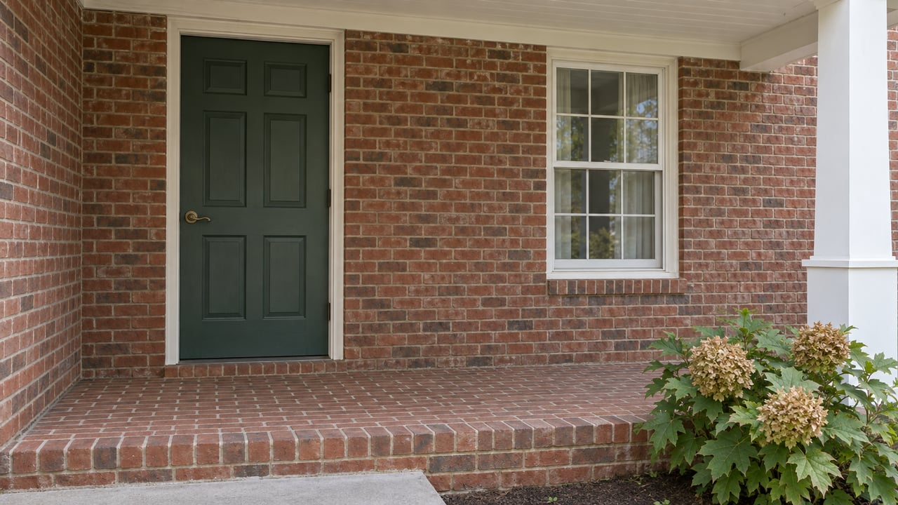 Covered brick porch with a green paneled door, white sash window and oakleaf hydrangea beside brick steps.