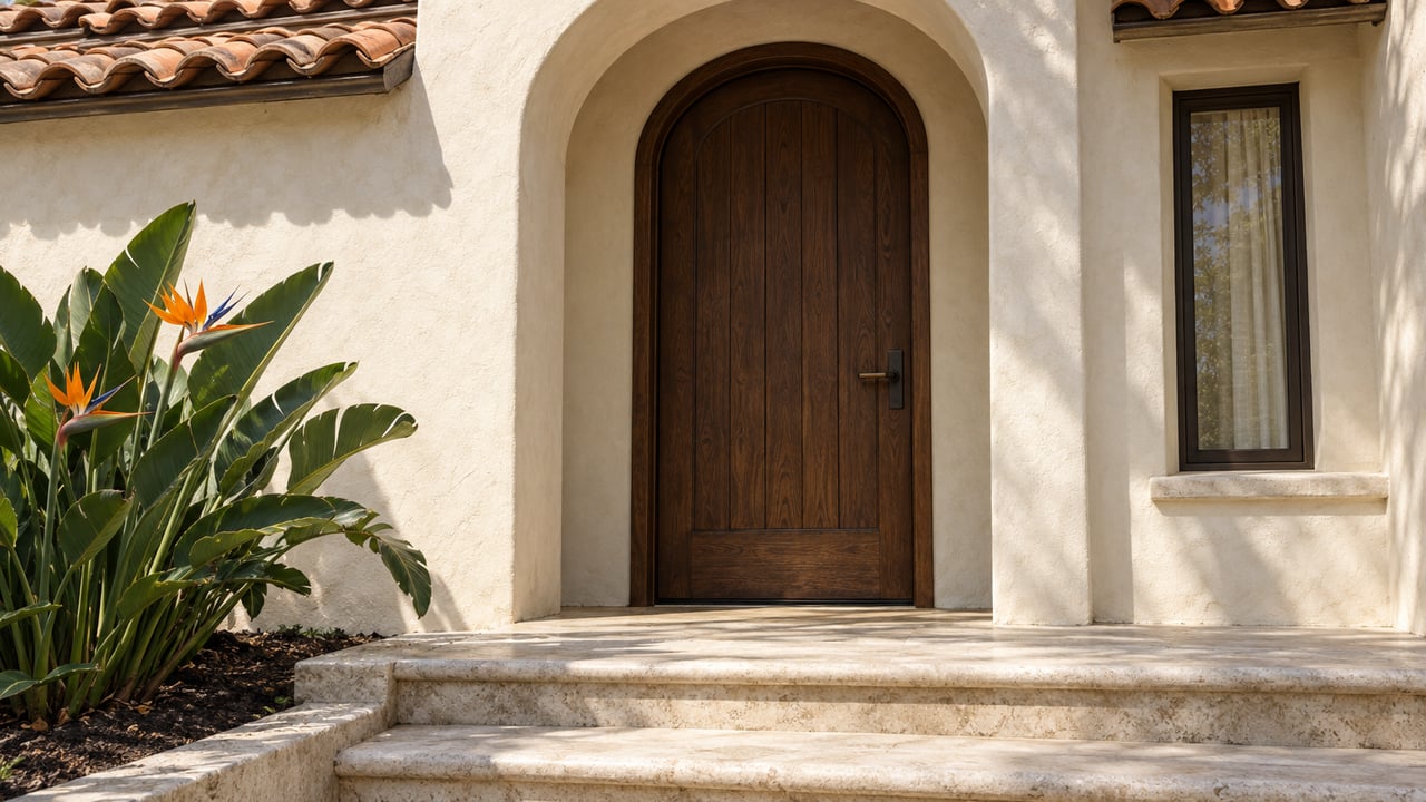 Ivory stucco arch surrounding a recessed oak front door, with worn limestone steps and an orange-flowering bird-of-paradise plant.