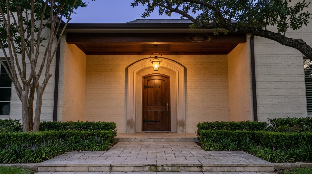 Stone-arched entry with a walnut door, glowing brass lantern, limestone steps, and oak branches against twilight.
