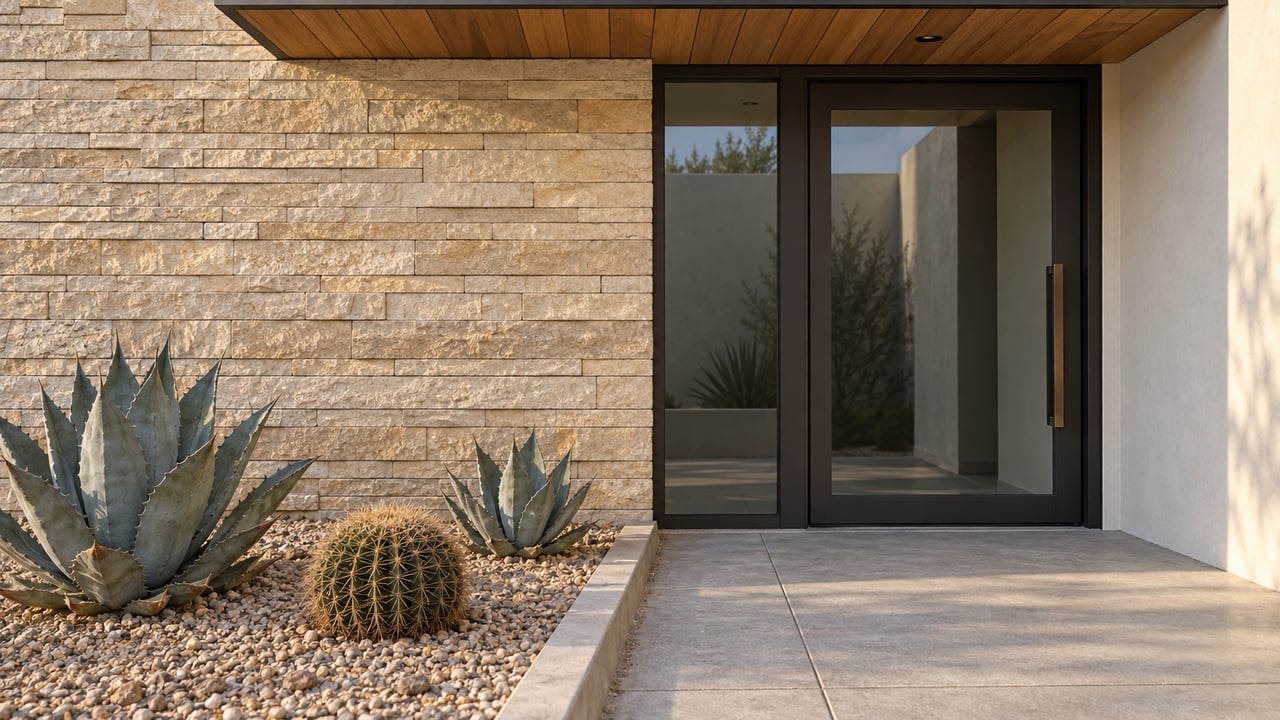Sunlit stone and shaded glass entrance of a contemporary home beside agaves and a barrel cactus in a gravel bed.