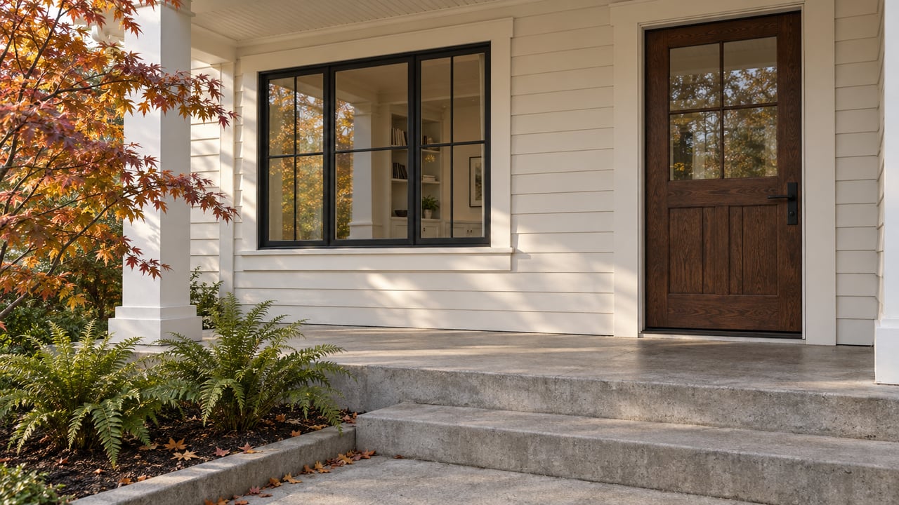 White lap-sided home with a covered beadboard porch, dark oak glazed door, broad trimmed window and amber vine maple beside concrete steps.