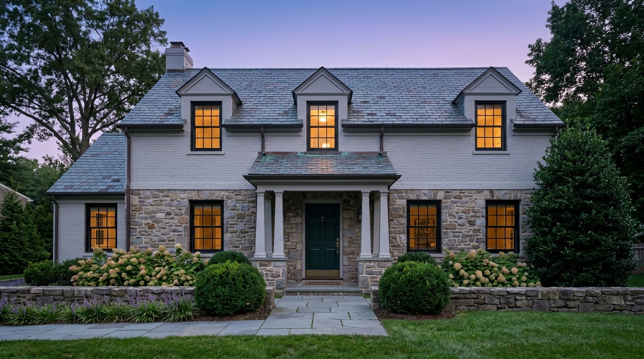 Stone-and-brick estate with a slate roof, glowing windows, and a bluestone path at dusk.