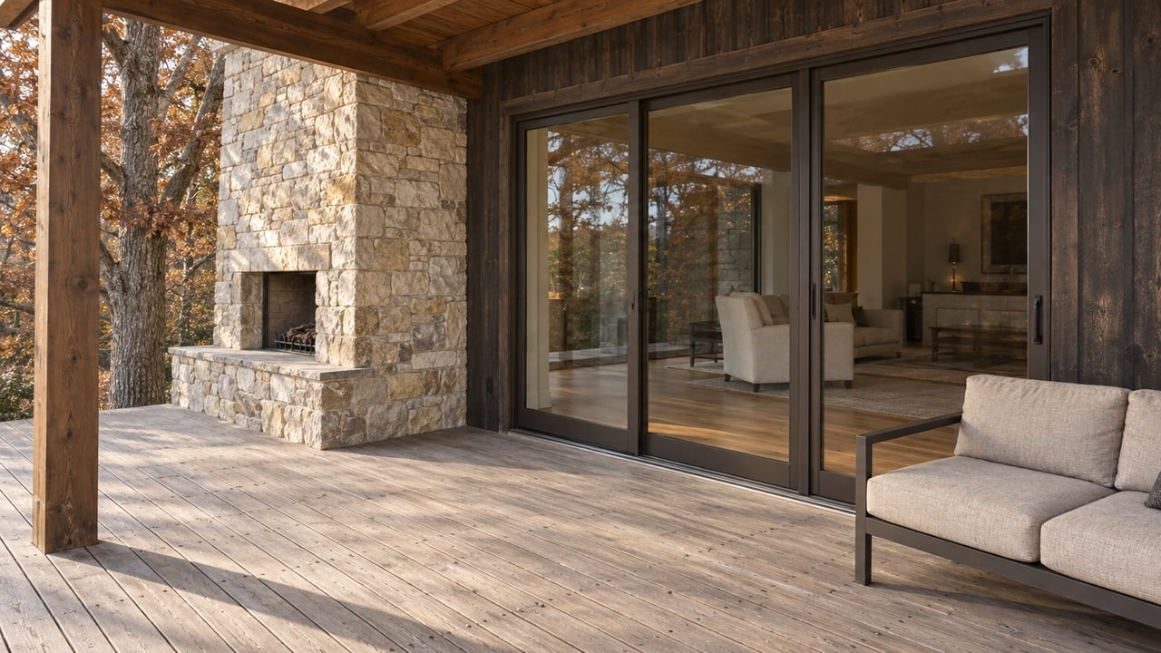 Weathered wood deck with a sheltered outdoor sofa, limestone chimney, and closed glass doors in warm afternoon light.