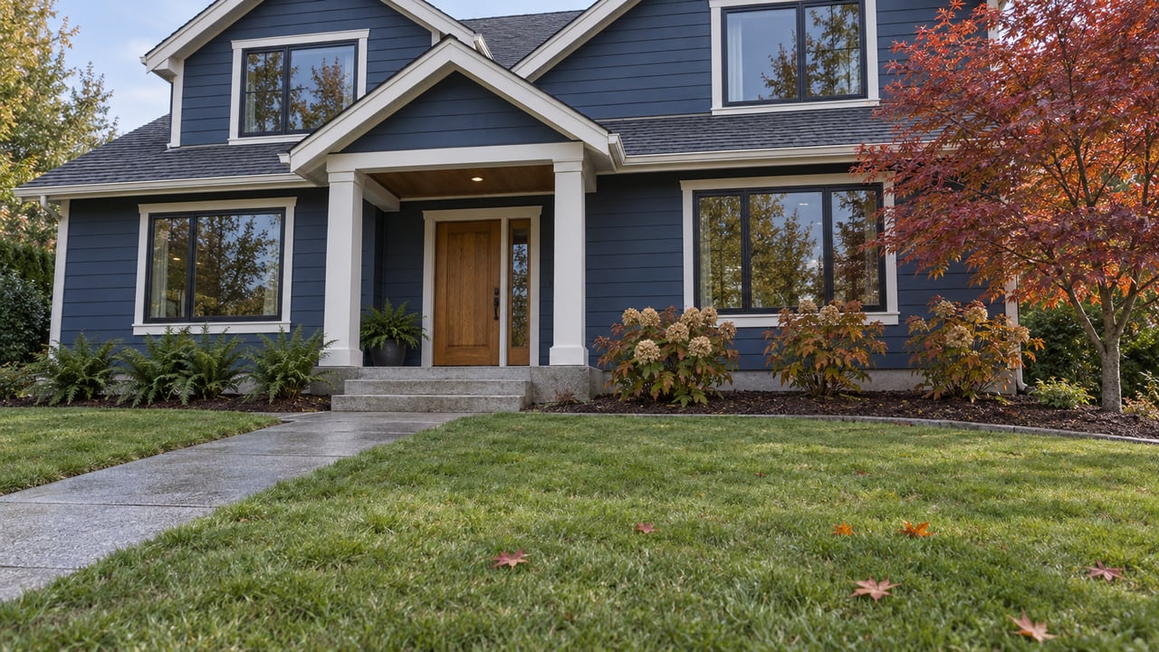 Deep-blue gabled home above a sloping lawn, with concrete entry steps and orange-red autumn foliage.