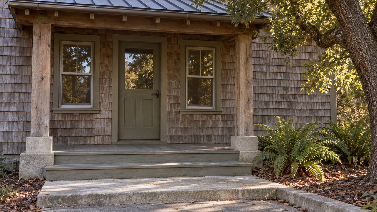 Weathered cedar-shingle entry with an olive door, covered timber porch, concrete approach, and mature oak canopy in afternoon light.