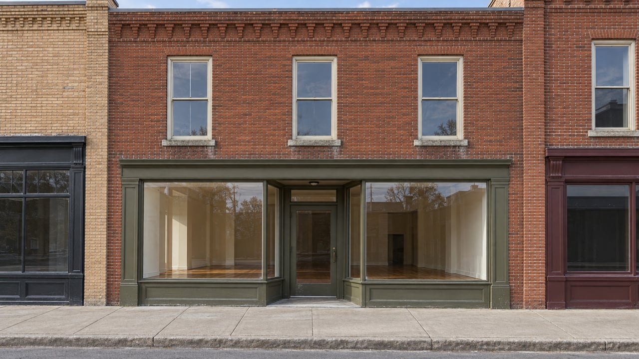 Weathered red-brick storefront with cream upper windows, olive-painted display windows, and a recessed glass entrance beside a worn concrete sidewalk.