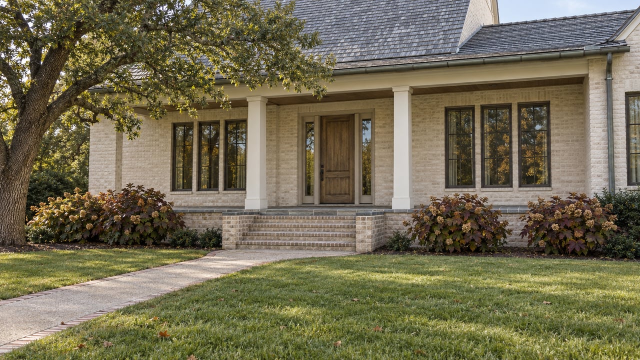Ivory brick home with a raised stone porch, oak front door, broad front lawn and mature live oak in soft morning light.