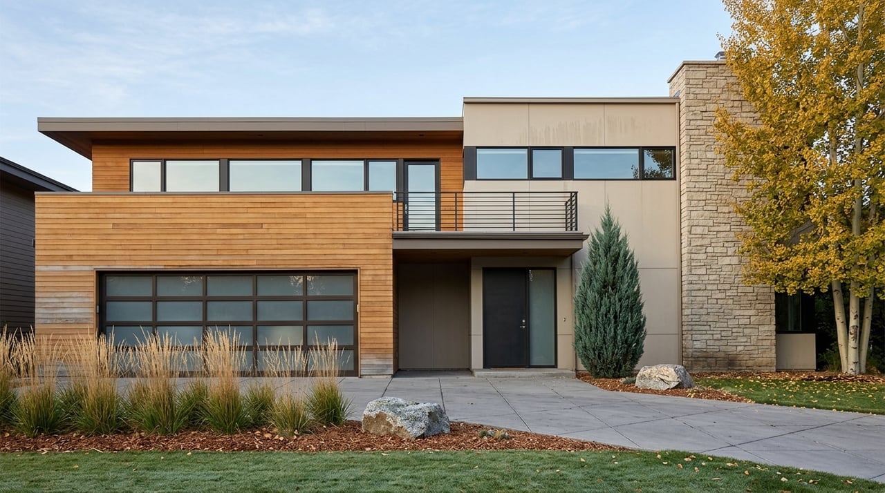 Contemporary house with honey-toned cedar, pale panel siding, a stacked-stone chimney, and golden aspen trees.
