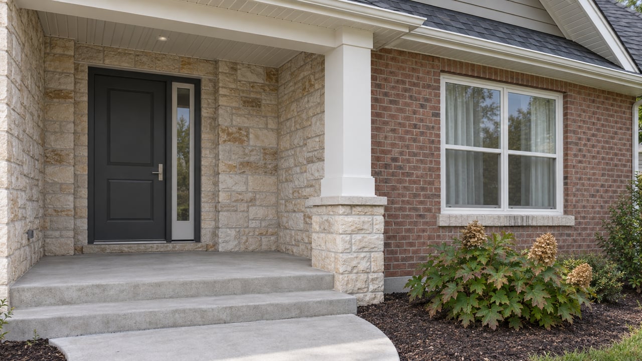 Covered entry with a charcoal door, buff stone and red-brown brick, concrete steps, and an oakleaf hydrangea beside the walk.
