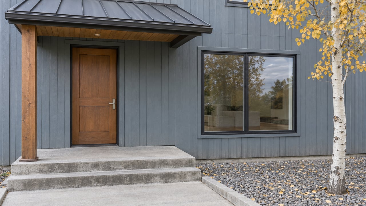 Compact contemporary home's sheltered wood entry door and broad window, with blue-gray siding, concrete steps, and a yellow-leaved aspen.