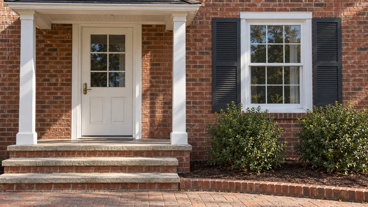 Sunlit brick home entrance with white porch posts, worn stone-capped steps and a shuttered window above two inkberry shrubs.