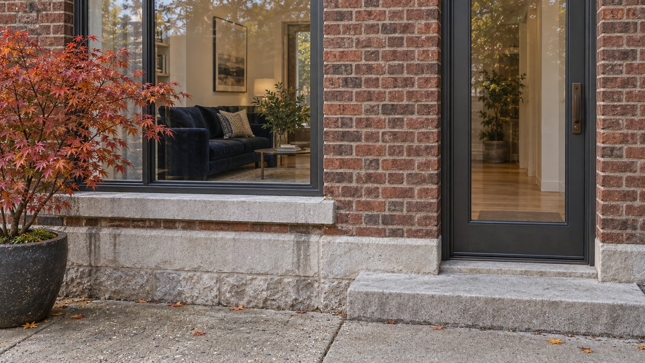 Updated brick residential entrance with charcoal-framed glazing, limestone details and a potted Japanese maple in autumn color.