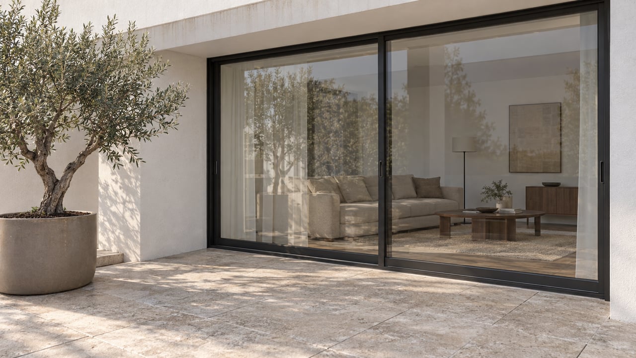 Stone patio with a potted olive tree outside sliding glass doors to a furnished living room.