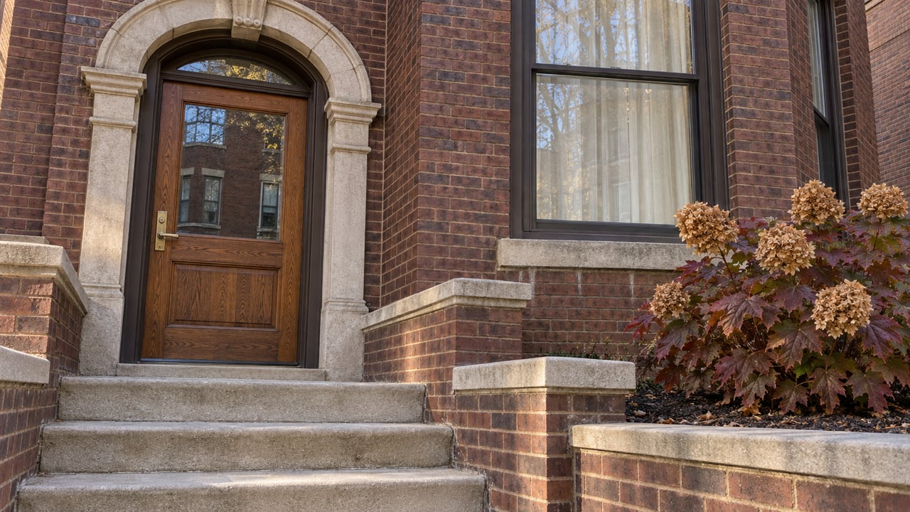 Sunlit brick residential entry with a limestone arch, glazed oak door, stone steps and burgundy oakleaf hydrangea.