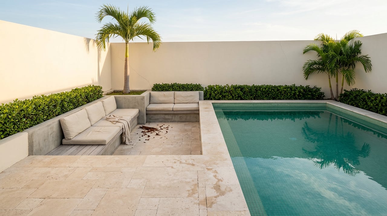 Rooftop pool terrace with aqua-green water, travertine paving, a built-in banquette, and a tall palm.