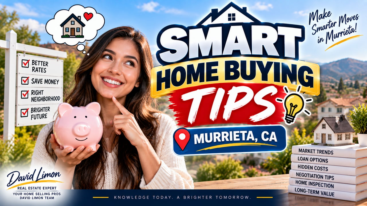 A woman holding a piggy bank next to Smart Home Buying Tips text, representing real estate advice in Murrieta, CA.