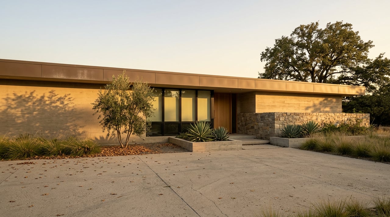Single-story stucco home with a recessed oak door, stone entry wall, agaves, and a broad oak tree.