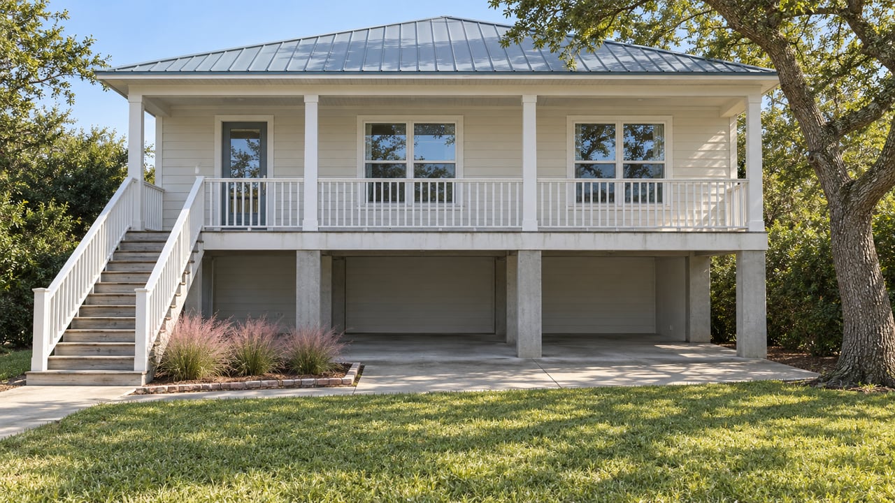 Raised ivory-sided cottage with a blue-gray metal roof, covered porch, timber stairs, and an open concrete parking level beside a live oak.