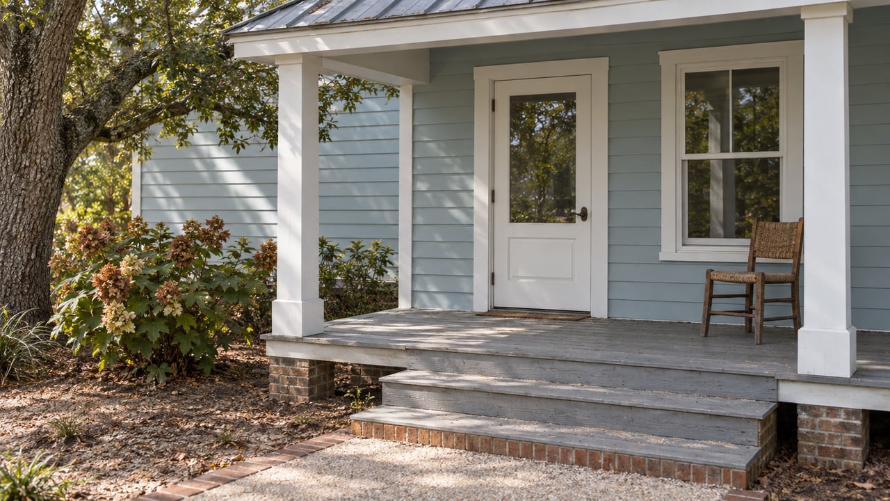 Sea-glass-blue home with a shaded timber porch, broad steps, an oak chair and oakleaf hydrangeas beside a brick-edged walkway.