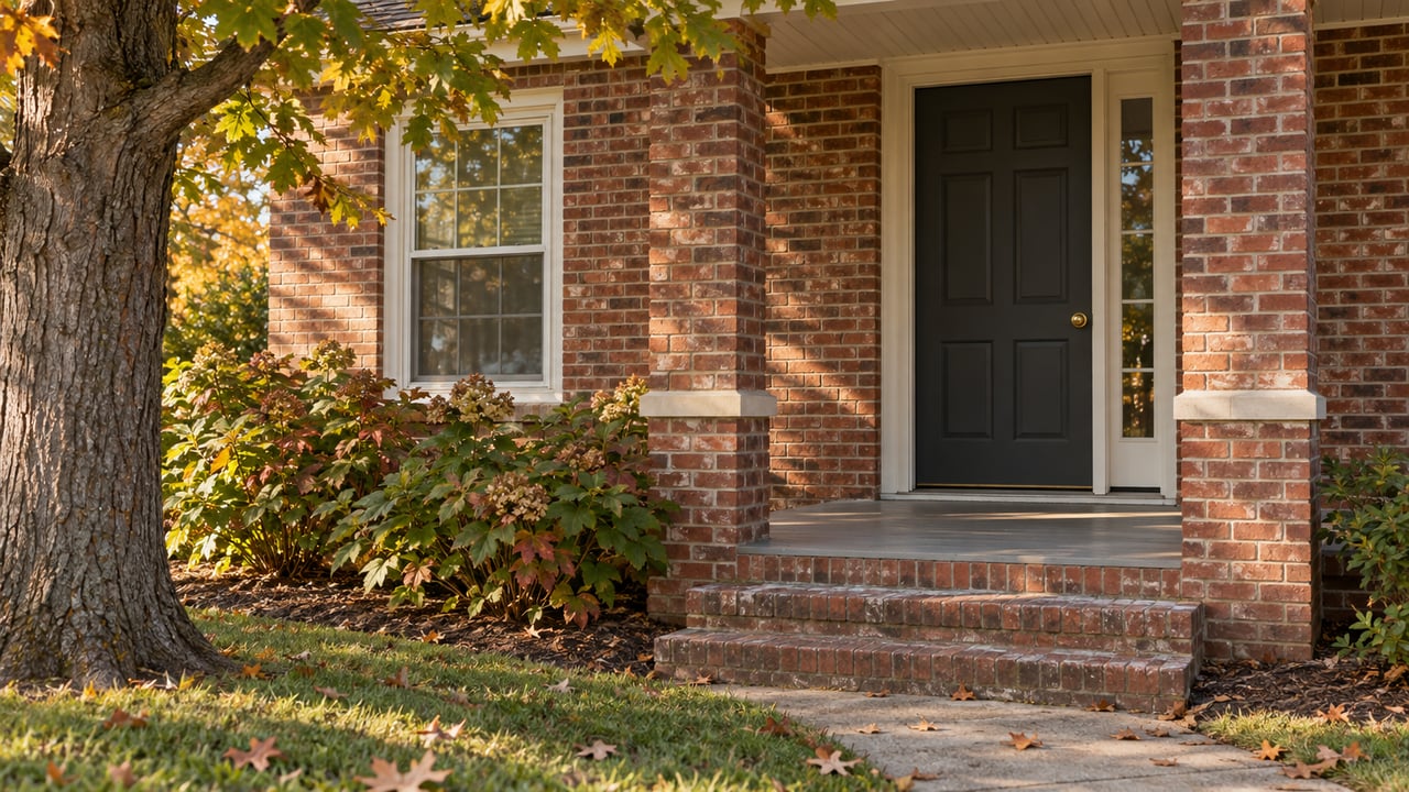Brick house entrance with a dark door, glass sidelight, two steps, and bronze oak leaves scattered nearby.