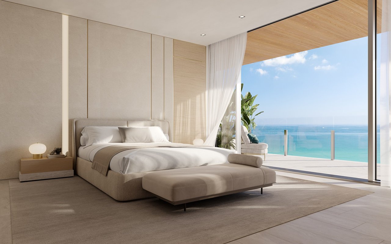 Ocean House Surfside bedroom rendering with ocean views and terrace access.