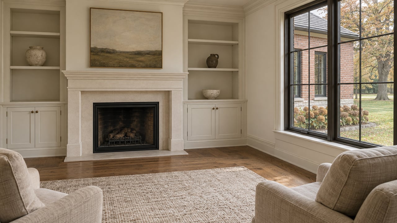Sunlit sitting room with a limestone fireplace, white built-in cabinets, linen chairs and a tall window overlooking lawn and an oak tree.