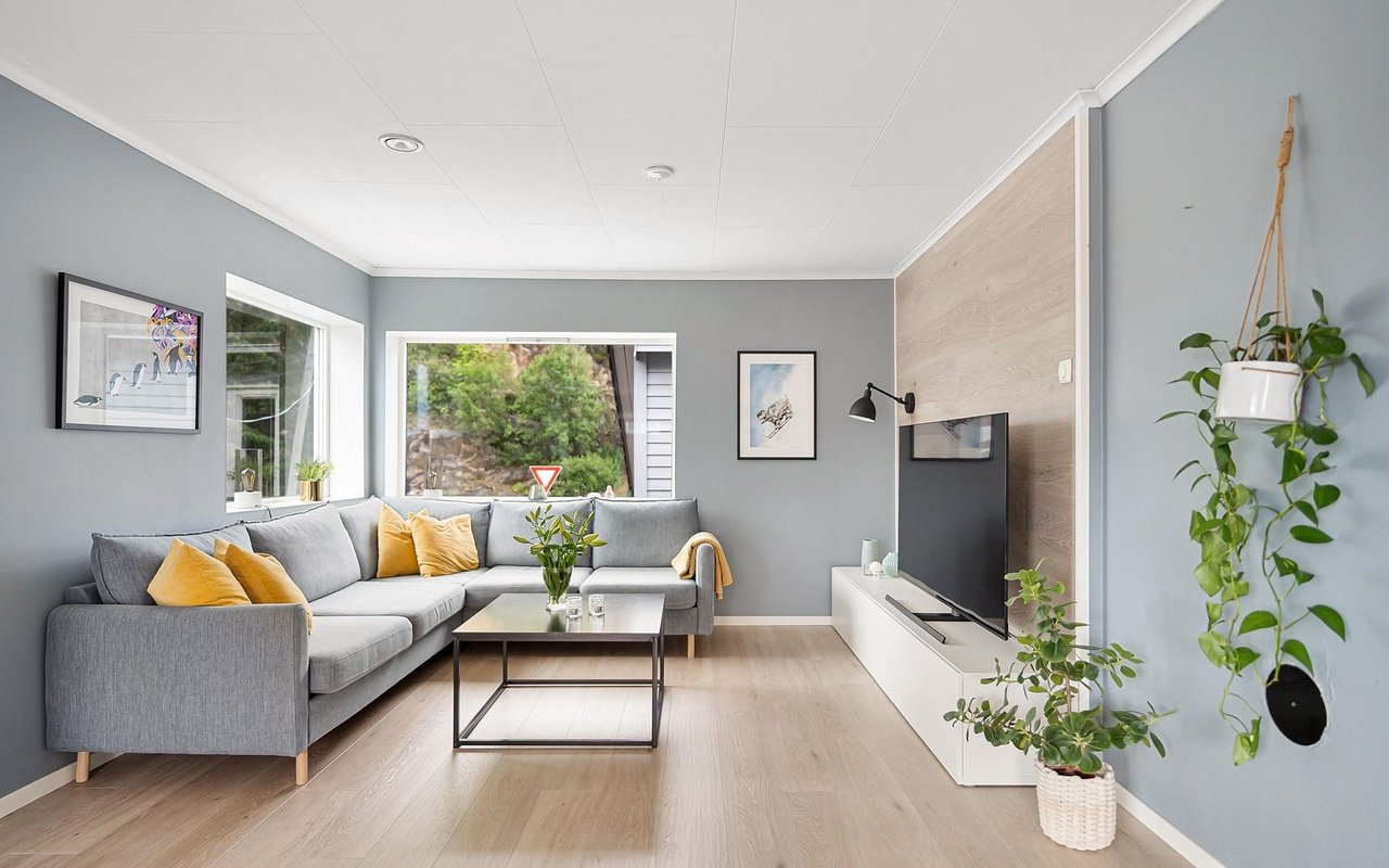 Living room with a gray sectional, mustard pillows, television, wood accent wall, and potted plants.