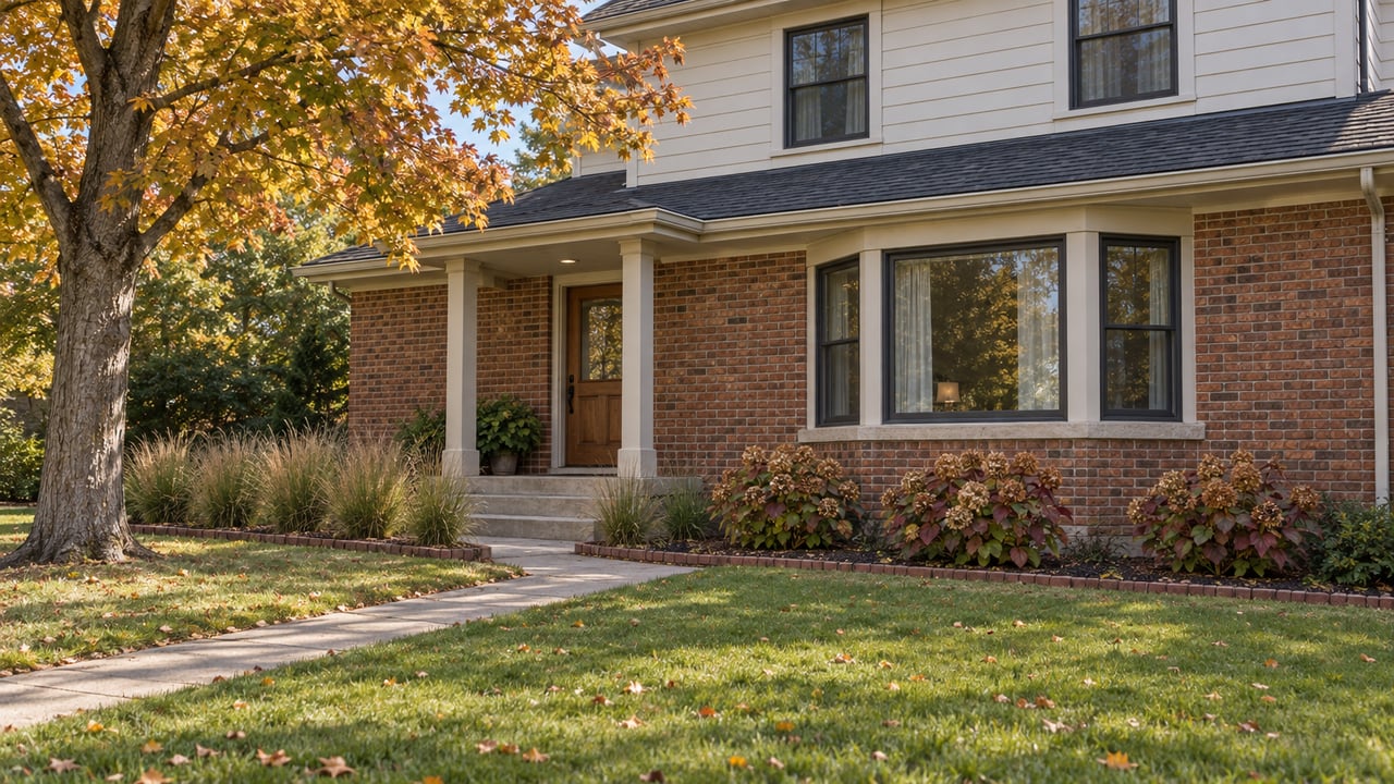 Autumn light on a brick and ivory-sided home with an oak entrance, broad lawn and carefully edged planting beds.