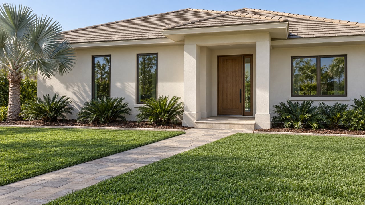 Sunlit white stucco home with a pale tiled hip roof, bronze-framed windows and a paver approach across a deep green lawn.