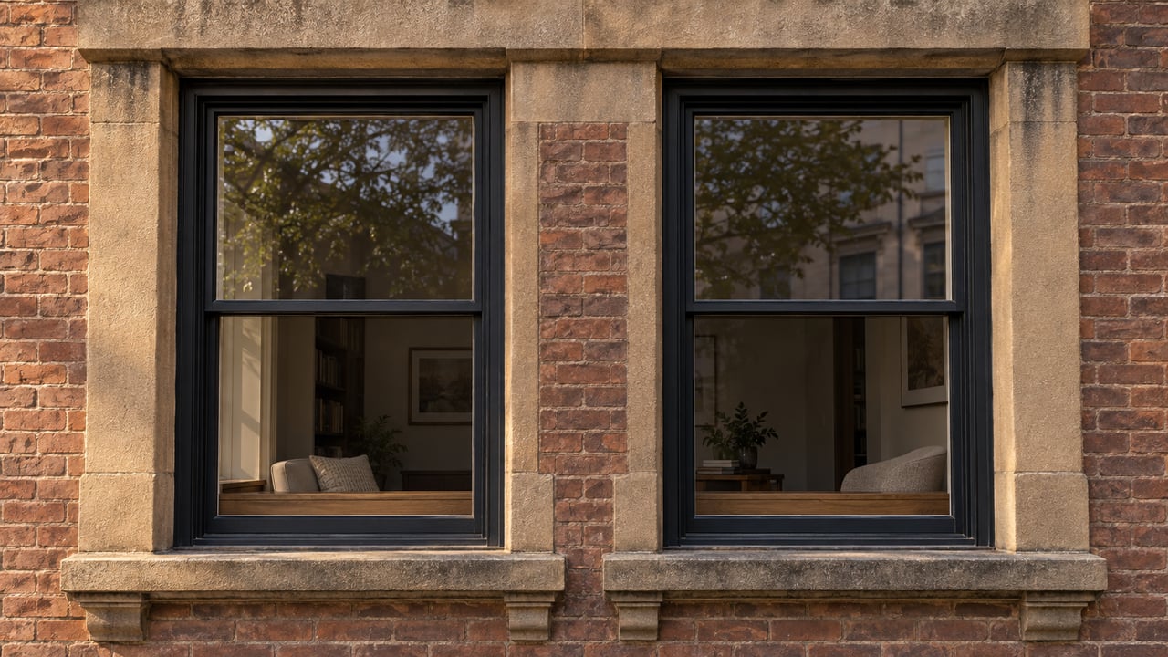 Late-afternoon light grazes reddish-brown brick and weathered sandstone surrounding two tall black-framed residential windows.