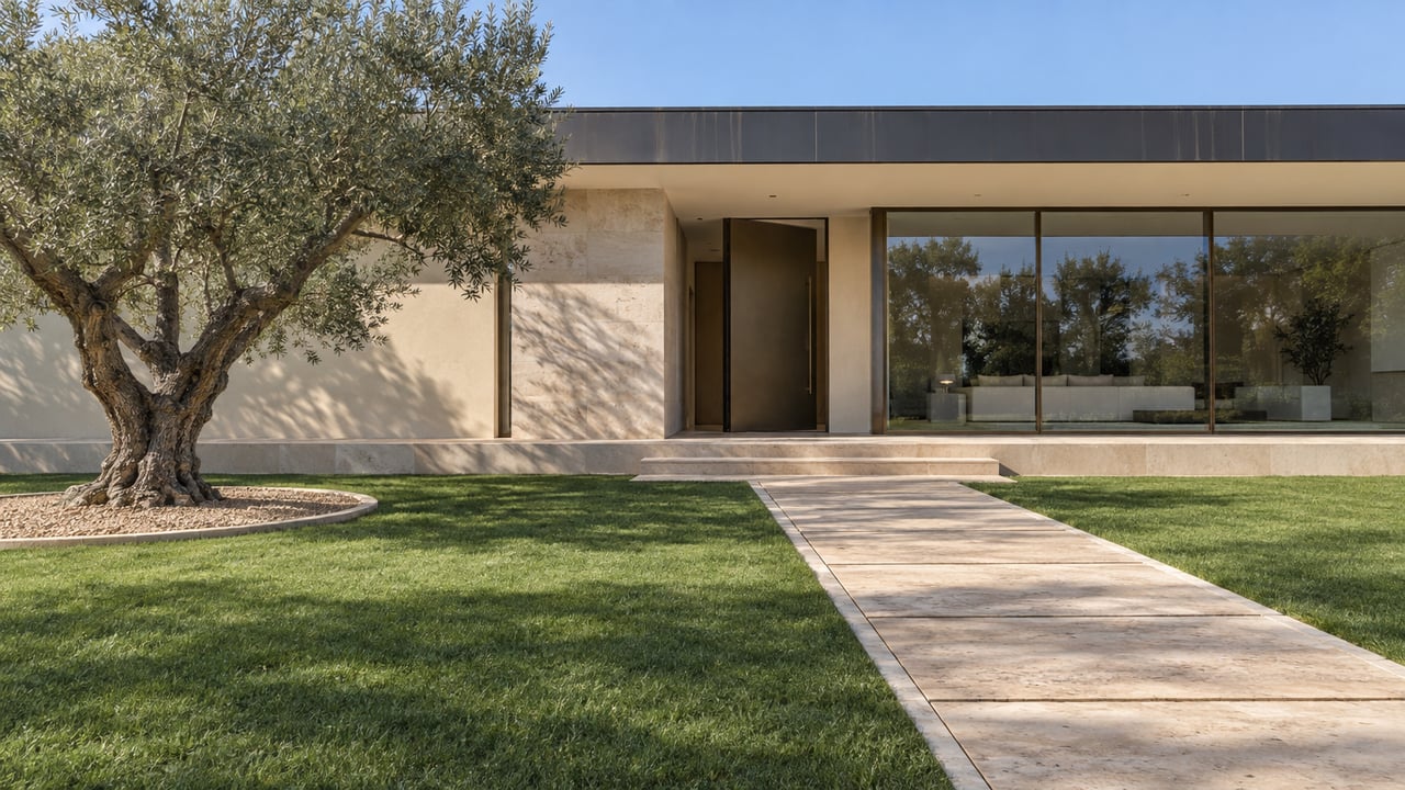 A contemporary flat-roof home behind a deep lawn, with bronze-framed glass, a limestone entry and a mature olive tree.