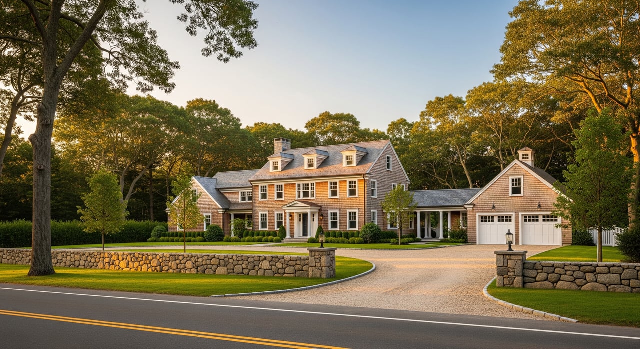 Large brick house with white trim, stone wall, and curved driveway beneath mature trees.