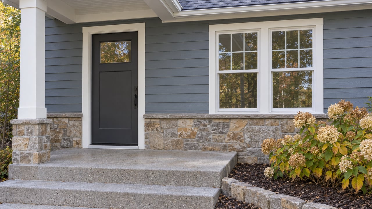 Close view of a blue-gray home's covered front entry, warm stone veneer, paired white-trimmed window and autumn hydrangea beside concrete steps.