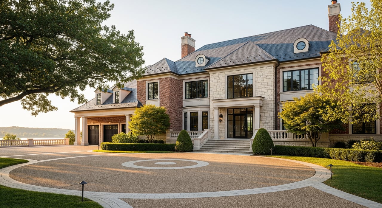 Large stone-and-brick house with a circular driveway, clipped shrubs, and mature trees.