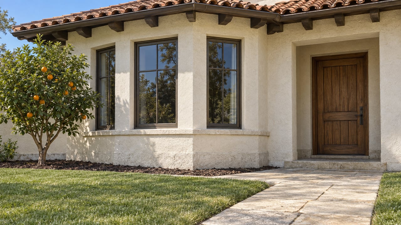 Clay-tile roof and ivory stucco home with bronze windows, a recessed oak entry, limestone approach, and a mature orange tree.