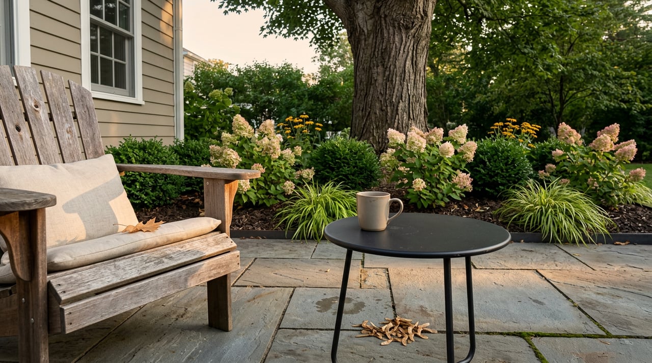 Walnut Adirondack chair and stoneware mug on a bluestone patio beside flowering hydrangeas and a mature maple.