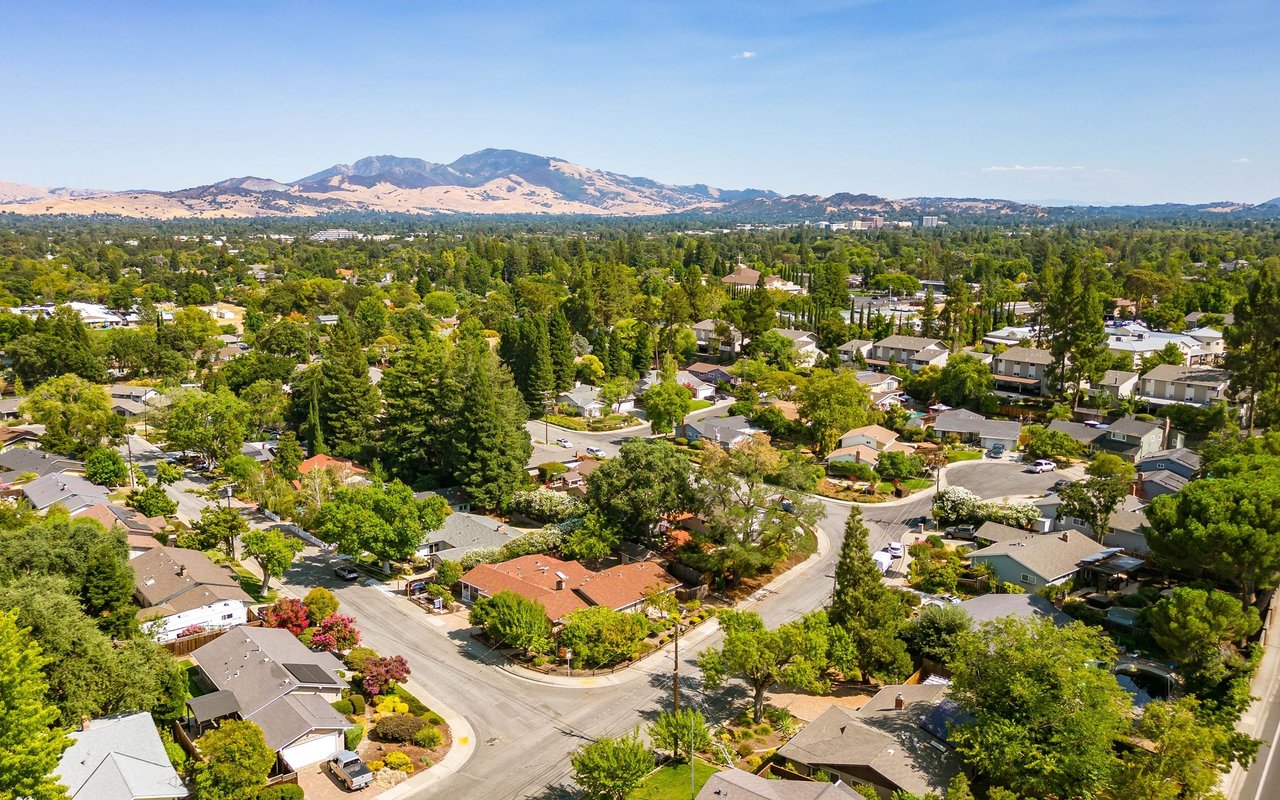 Aerial view of a leafy neighborhood with detached homes, curving streets, and distant hills.