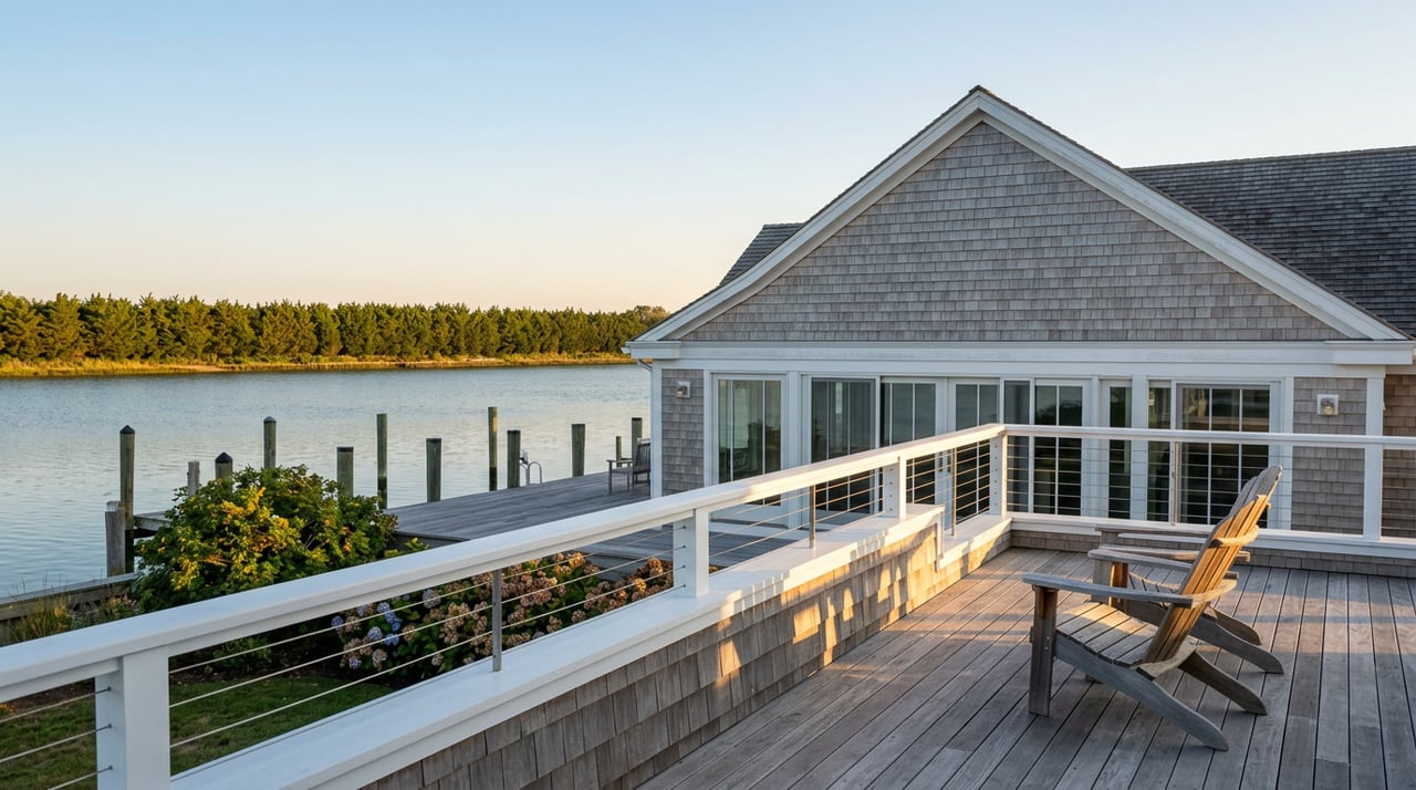 Shingle-clad waterfront home with a private dock, seen from a teak terrace overlooking calm water.