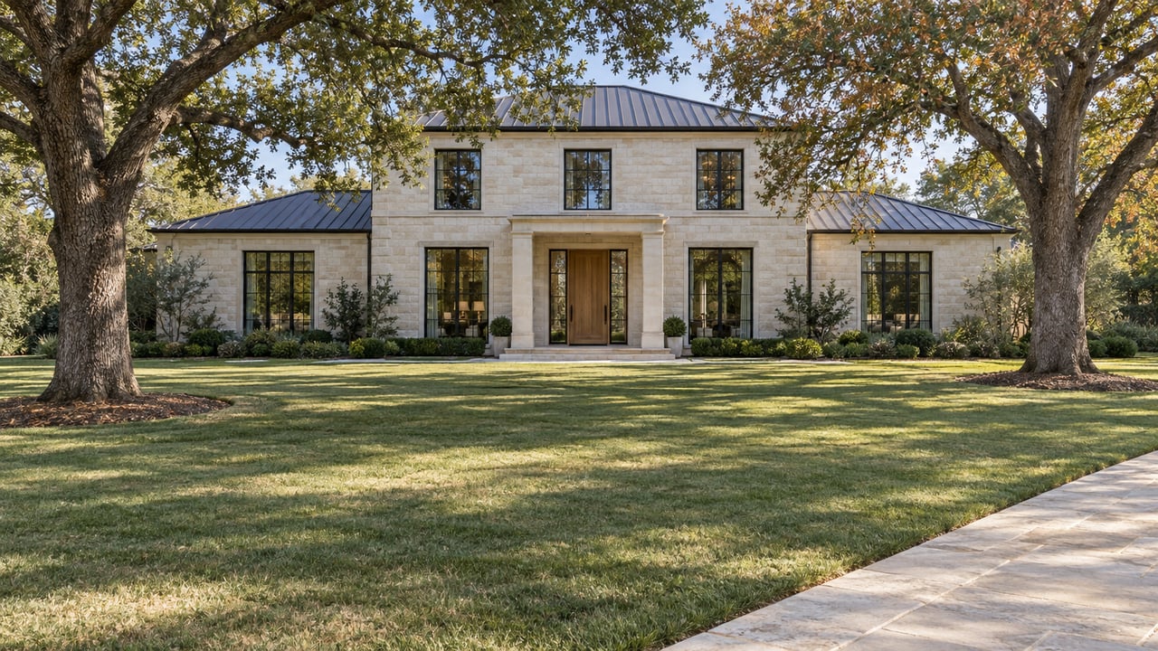 Limestone estate beyond a deep front lawn, framed by two mature oak trees in clear morning light.