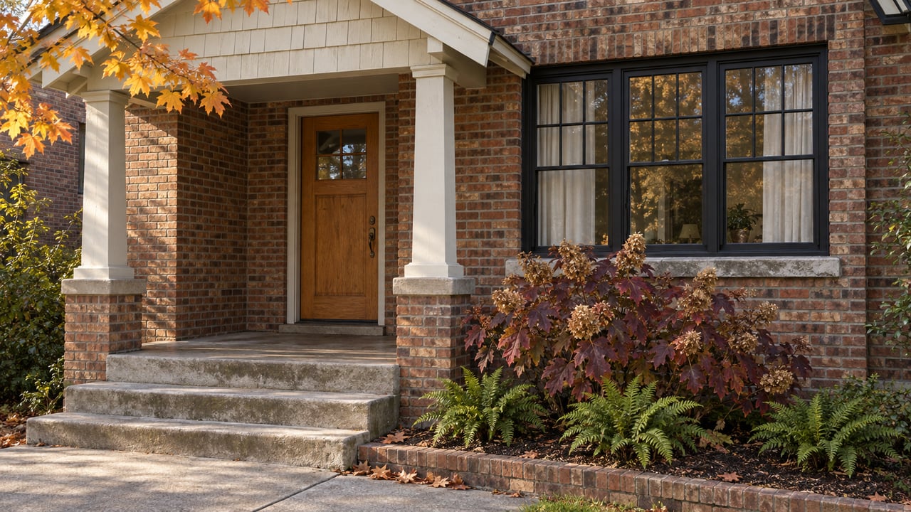 Russet brick bungalow entry with an oak door, cream shingle porch gable, and autumn oakleaf hydrangea beside concrete steps.